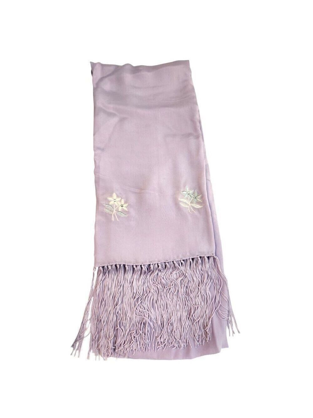 Lavender Scarf Embroidered Floral Rhinestone Fringed 76x21 inches Silk Rayon Pre